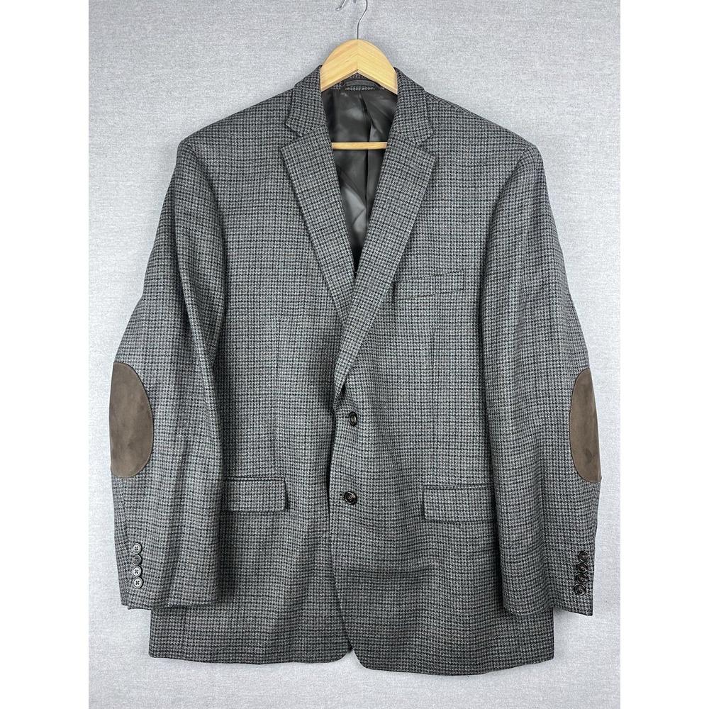 Ralph Lauren Mens 46R Lambswool Houndstooth Blazer Grey‎ Elbow Patches